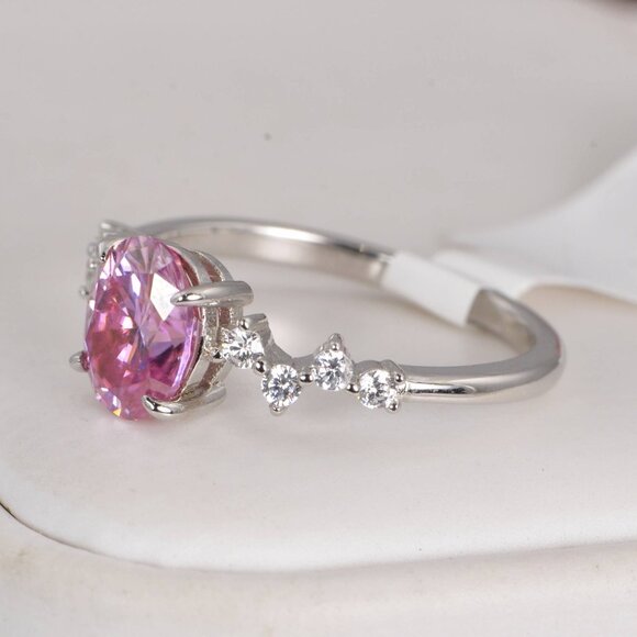 Certified 1.5 ct Pink Oval Cut Moissanite Engagement Ring 925 Sterling - Picture 4 of 8